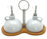 SET OLIO E ACETO IN PORCELLANA  CON VASSOIO BAMBU