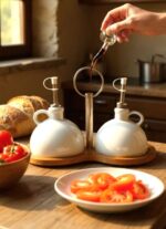 SET OLIO E ACETO IN PORCELLANA  CON VASSOIO BAMBU