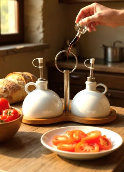 SET OLIO E ACETO IN PORCELLANA  CON VASSOIO BAMBU