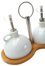 SET OLIO E ACETO IN PORCELLANA  CON VASSOIO BAMBU