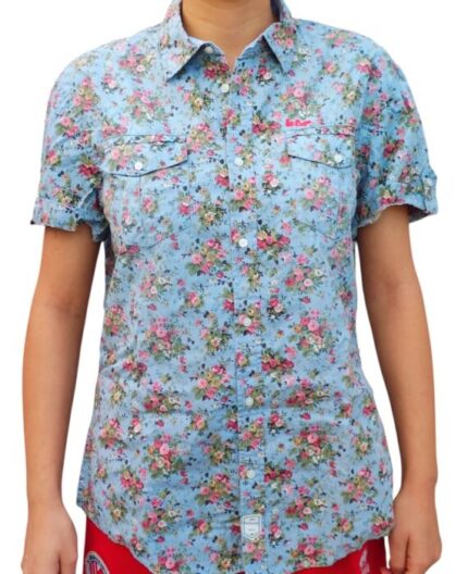 CHEMISE D'ÉTÉ BLEU A FLEURES ROSES À MANCHES COURTES TAILLE L PAR LEE COOPER