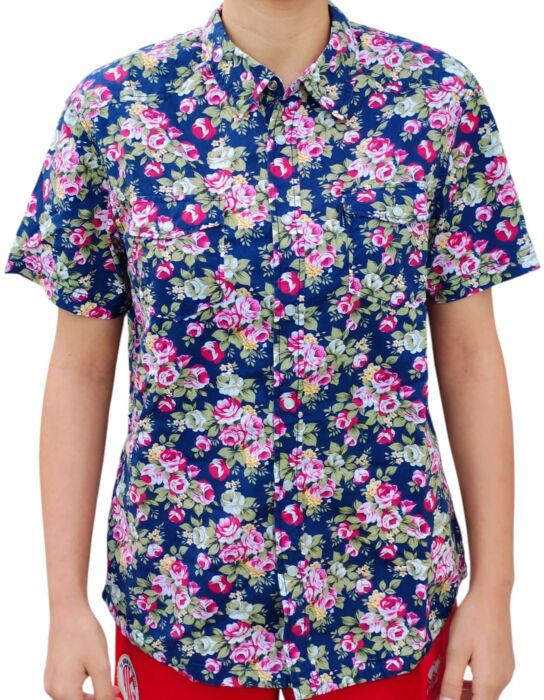 product-18836-0-49ee5d96-700 CHEMISE BLEU FONCÉ À FLEURS À MANCHES COURTES TAILLE M PAR HEROD