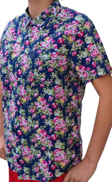 CHEMISE BLEU FONCÉ À FLEURS MANCHES COURTES TAILLE XL BY HEROD