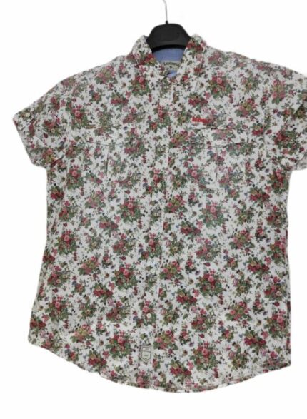 CHEMISE BLANCHE À FLEURS ROUGES MANCHES COURTES TAILLE M PAR LEE COOPER