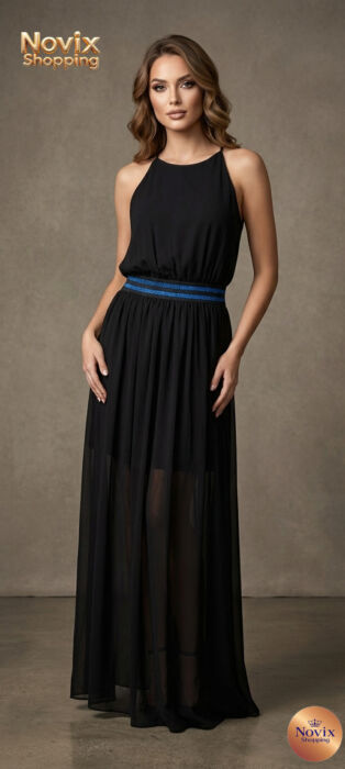 VESTITO NERO LUNGO ELEGANTE CON FASCIA BLU TAG.