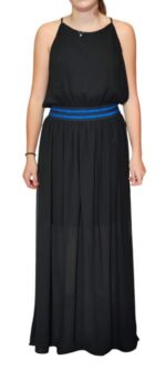VESTITO NERO LUNGO ELEGANTE CON FASCIA BLU TAG.
