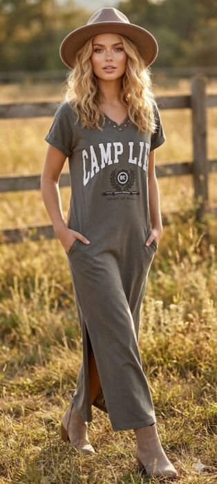 ABITO DONNA T-SHIRT VERDE MILITARE COTONE
