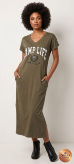ABITO DONNA T-SHIRT VERDE MILITARE COTONE