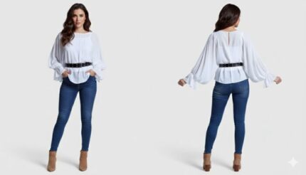 camicia bianca ampia con maniche a campana e una cintura nera