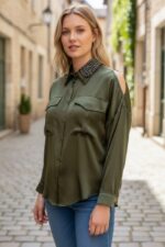CAMICIA DONNA VERDE MILITARE SATIN A SPALLE SCOPERTE
