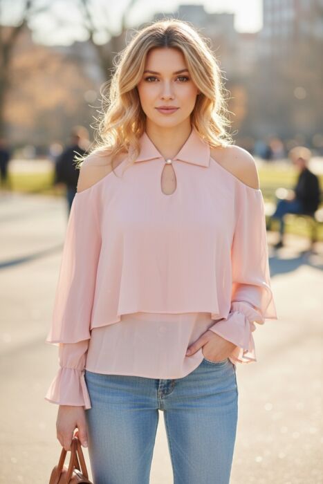 product-20282-0-6bef864b-700 blusa a strati di chiffon rosa chiaro con spalle scoperte e maniche ampie e svasate