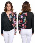 CAMICETTA  DONNA ASSIMETRICA NERA FIORI CON SCOLLO A V