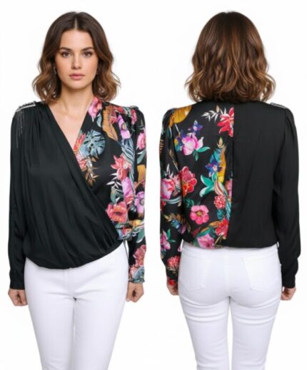 CAMICETTA  DONNA ASSIMETRICA NERA FIORI CON SCOLLO A V