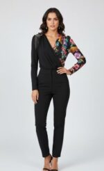CAMICETTA  DONNA ASSIMETRICA NERA FIORI CON SCOLLO A V