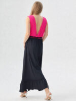 abito maxi bicolore lungo rosa nero con scollo V