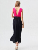 abito maxi bicolore lungo rosa nero con scollo V