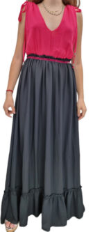 abito maxi bicolore lungo rosa nero con scollo V