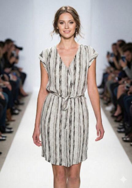abito chemisier (o vestito a camicia) con una fantasia a righe verticali bianche e nere e una cintura annodabile in vita