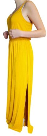 abito lungo giallo senape da donna con spalline sottili ed elastico in vita