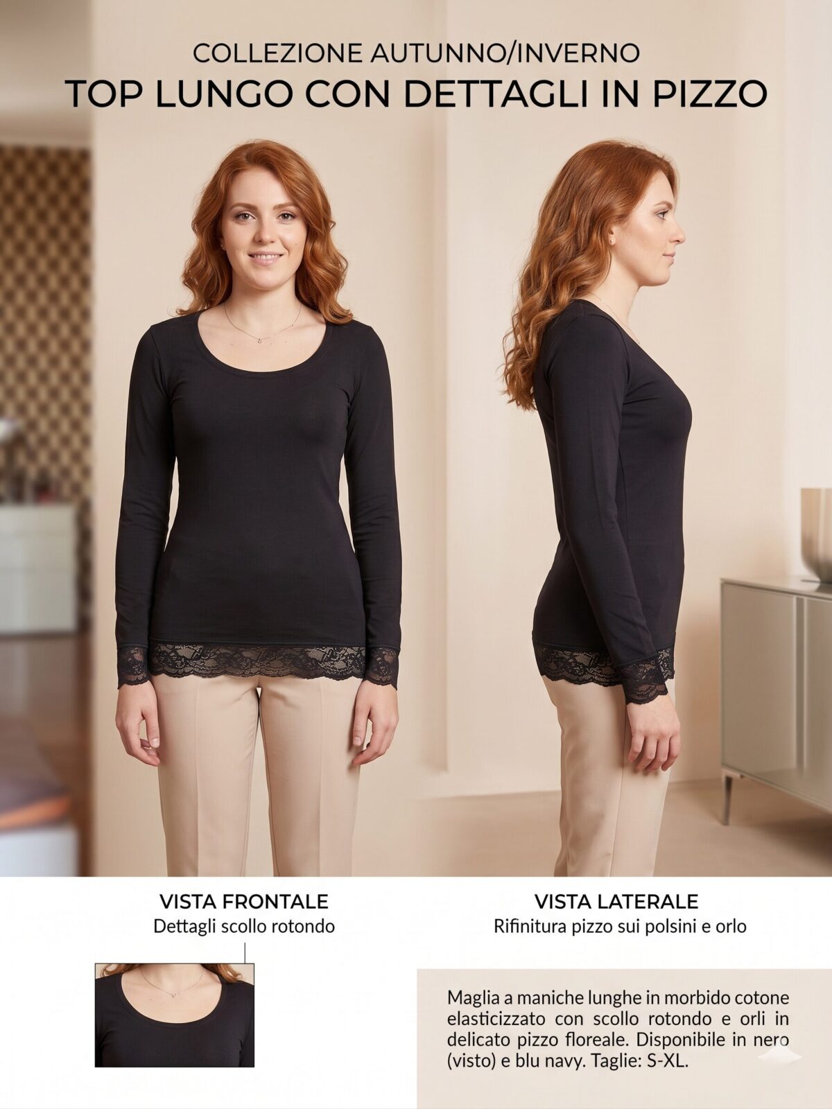 8301010322147 MAGLIA DONNA NERA MANICHE LUNGHE FINALE PIZZO