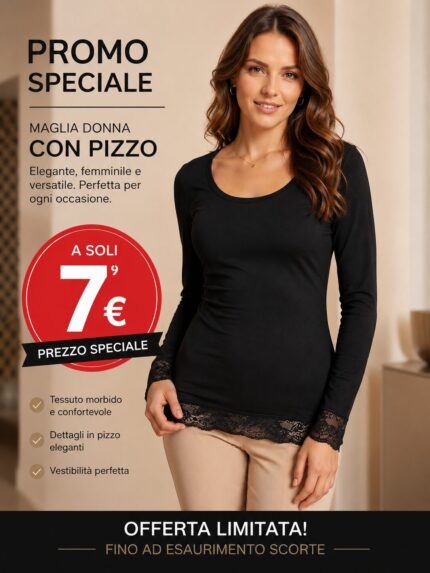 MAGLIA DONNA NERA MANICHE LUNGHE FINALE PIZZO