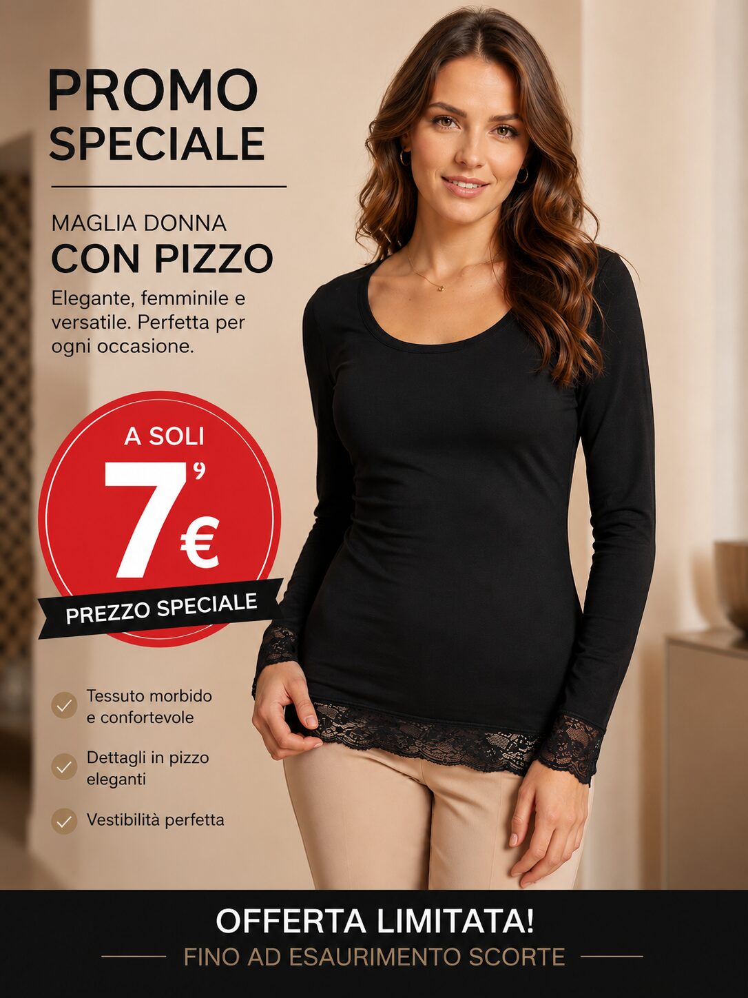 PROMO FOR €7 MAGLIA DONNA NERA MANICHE LUNGHE FINALE PIZZO