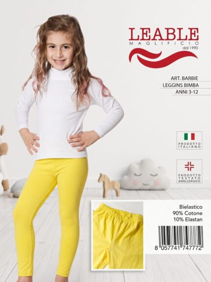 Leggings bambina LEABLE con elastico in vita, in cotone bielastico. Disponibile nei colori Nero e Blu. Scatola da 3 pezzi. Prodotto made in Italy.