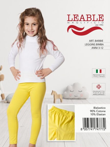 Leggings bambina LEABLE con elastico in vita, in cotone bielastico. Disponibile nei colori Nero e Blu. Scatola da 3 pezzi. Prodotto made in Italy.