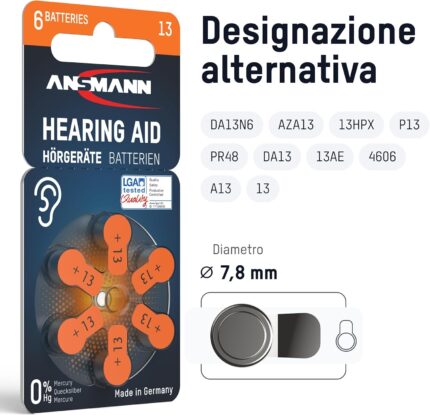ANSMANN Batterie Apparecchi Acustici Tipo 13 Arancione - 60 Pezzi