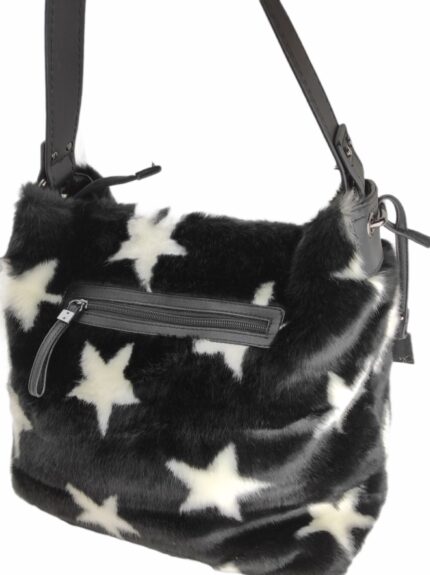 Borsa a Spalla Nera Effetto Pelliccia con Stelle Bianche