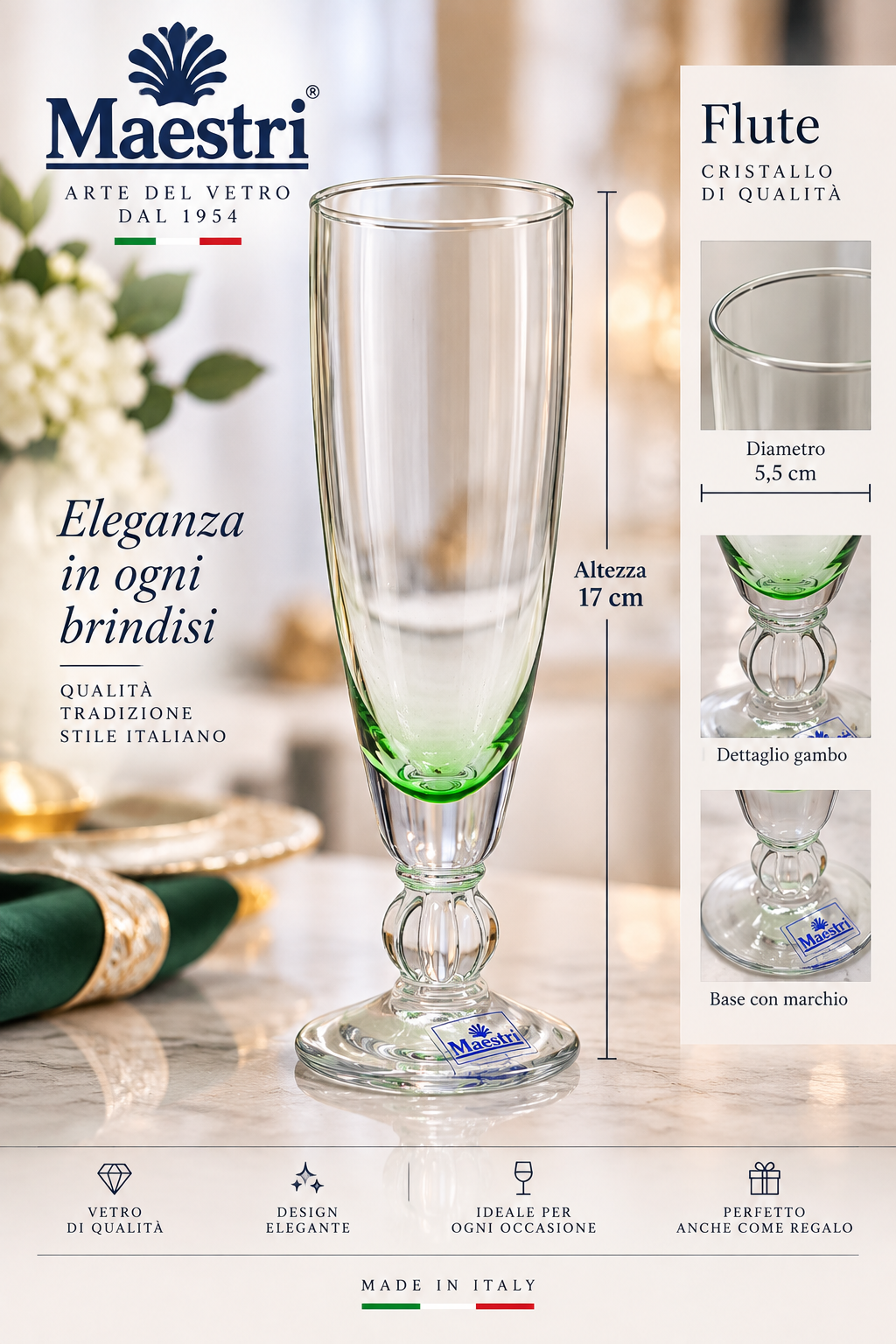 FLÖTE MAESTRI GRÜNER STIEL Flute Cristallo Gambo Verde