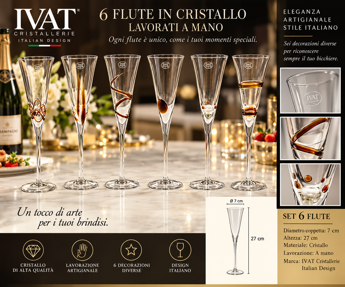 FLUTE PERSONALIZZATI CRISTALLO Set 6 Flute Cristallo Ambra IVAT