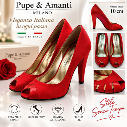 Pupe & Amanti décolleté rosse con tacco alto 10 cm raso rosso & pelle - foto 2