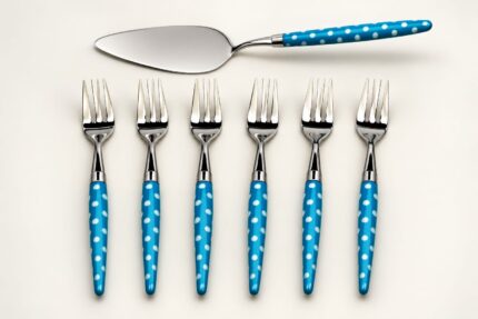 Set Posate da Dessert con Punte a Pois Azzurri e Paletta Torta