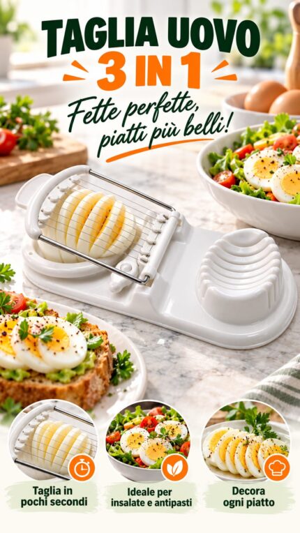 Taglia uovo 3 in 1 in plastica bianca con fili in acciaio inox per fette perfette su insalate e antipasti su novix.it
