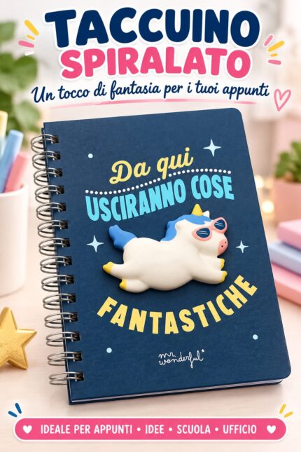 Taccuino spiralato Mr. Wonderful blu con copertina rigida e unicorno in 3D