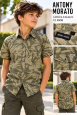 Camicia a Maniche Corte da Ragazzo Antony Morato - Fantasia Militare/Foglie