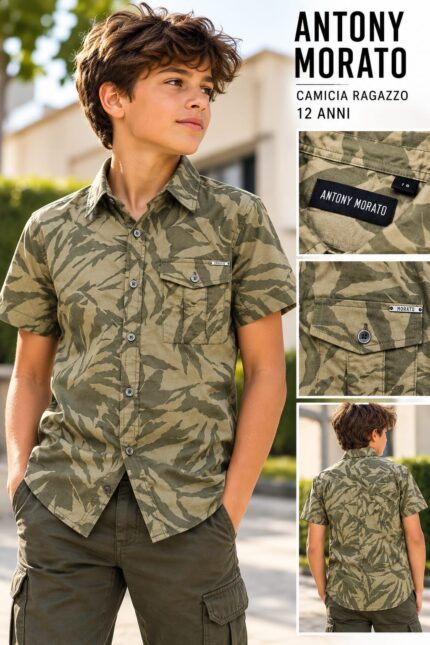 Camicia a Maniche Corte da Ragazzo Antony Morato - Fantasia Militare/Foglie