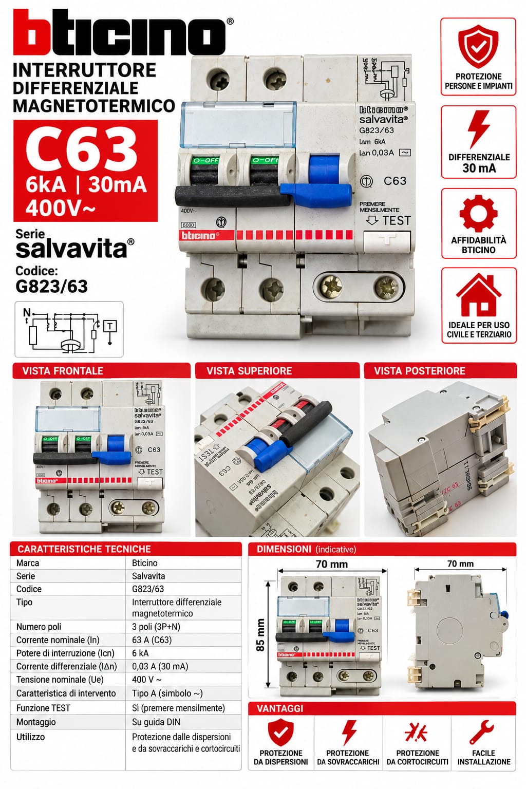 aqwxsz Interruttore Differenziale Magnetotermico Bticino Salvavita C63 6kA 30mA - G823/63 - Imagen 1