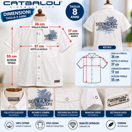 Camicia a Maniche Corte da Ragazzo Catbalou - Bianca con Ricamo e Stampa "Sidewalk Life"