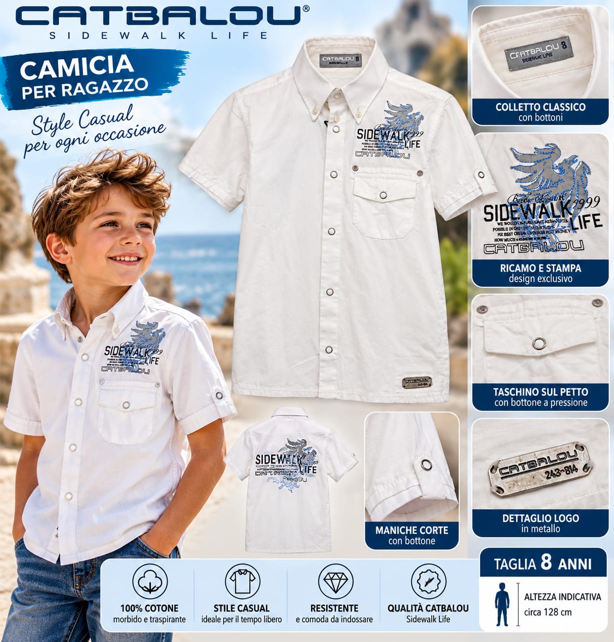 cambam3 Camicia a Maniche Corte da Ragazzo Catbalou - Bianca con Ricamo e Stampa "Sidewalk Life"