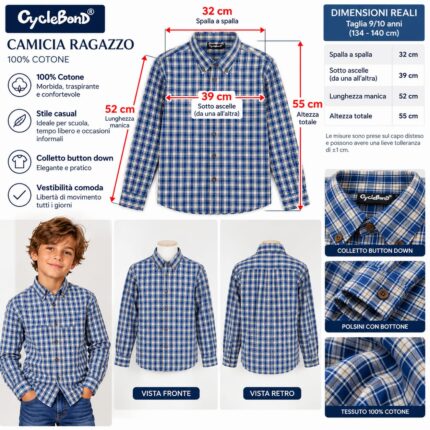 Camicia a Maniche Lunghe da Ragazzo CycleBond in 100% Cotone - Fantasia a Quadri Blu