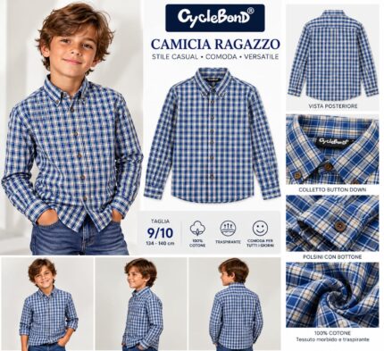 Camicia a Maniche Lunghe da Ragazzo CycleBond in 100% Cotone - Fantasia a Quadri Blu