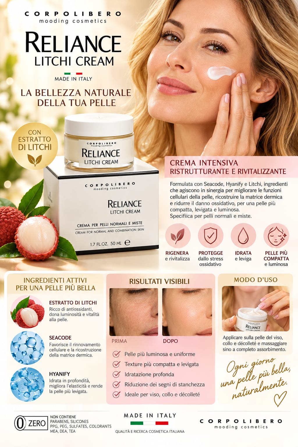 cereme Crema Viso Intensiva Reliance Litchi Cream Corpolibero - Pelli Normali e Miste (50 ml) – Image 1