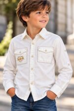 Camicia a Maniche Lunghe da Bambino MeK "Sporting Superstar" - Écru / Beige
