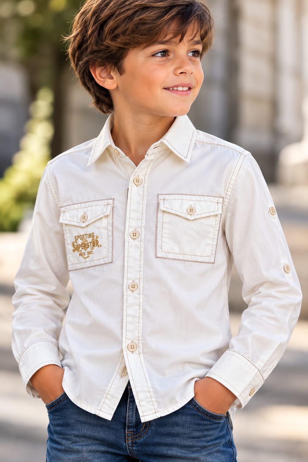 ek3 Camicia a Maniche Lunghe da Bambino MeK "Sporting Superstar" - Écru / Beige