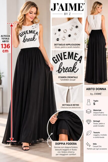 Abito lungo donna J'Aime' bicolore bianco e nero con stampa GIVEMEA break taglia S