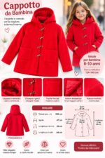 Cappotto Elegante da Bambina con Cappuccio e Chiusura a Ganci - Rosso (8-10 Anni / Usato Ottimo Stato)