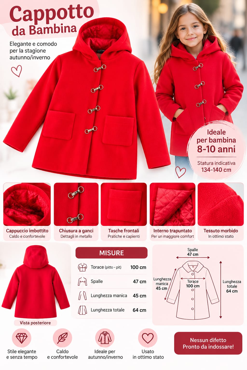 oooooooooooooooo Cappotto Elegante da Bambina con Cappuccio e Chiusura a Ganci - Rosso (8-10 Anni / Usato Ottimo Stato) - Imagen 1