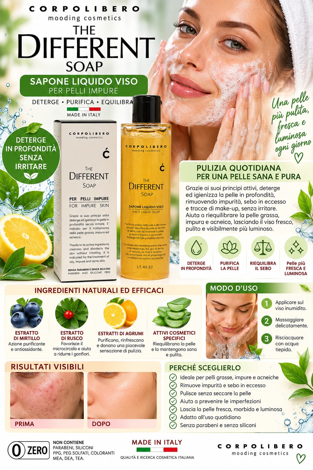 soap Sapone Liquido Viso per Pelli Impure The Different Soap Corpolibero (Detergente Purificante) - Imagen 1